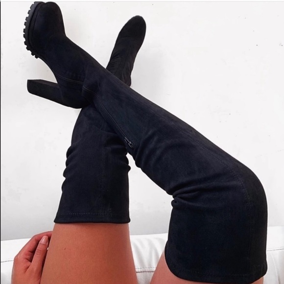 Faux Suede Stretchy Thigh High Lug Boots - Picture 5 of 12